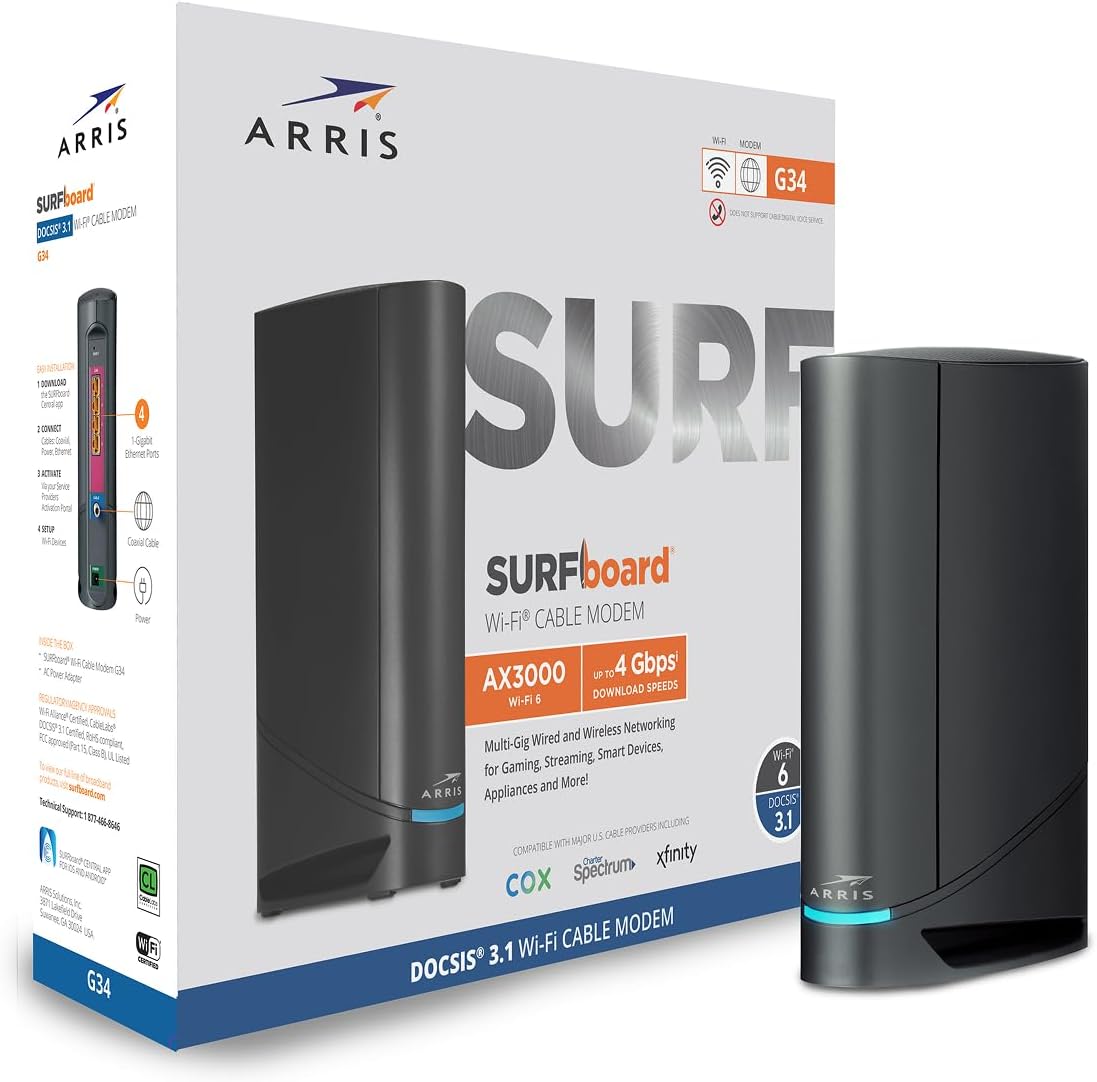 ARRIS SURFboard G34 AX3000 Wi-Fi 6 modem router combo for Cox 1 Gig